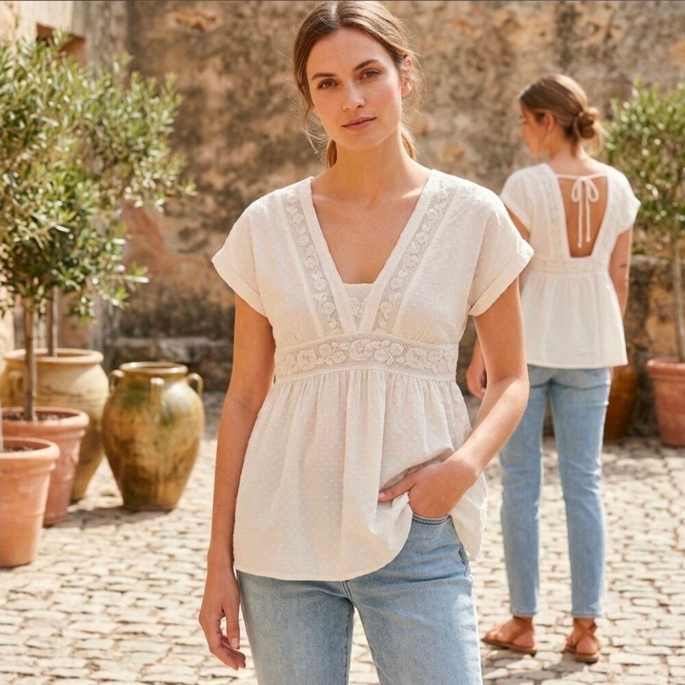 Shyanne White Cotton Swiss Dot Crochet Babydoll Blouse Large Boho